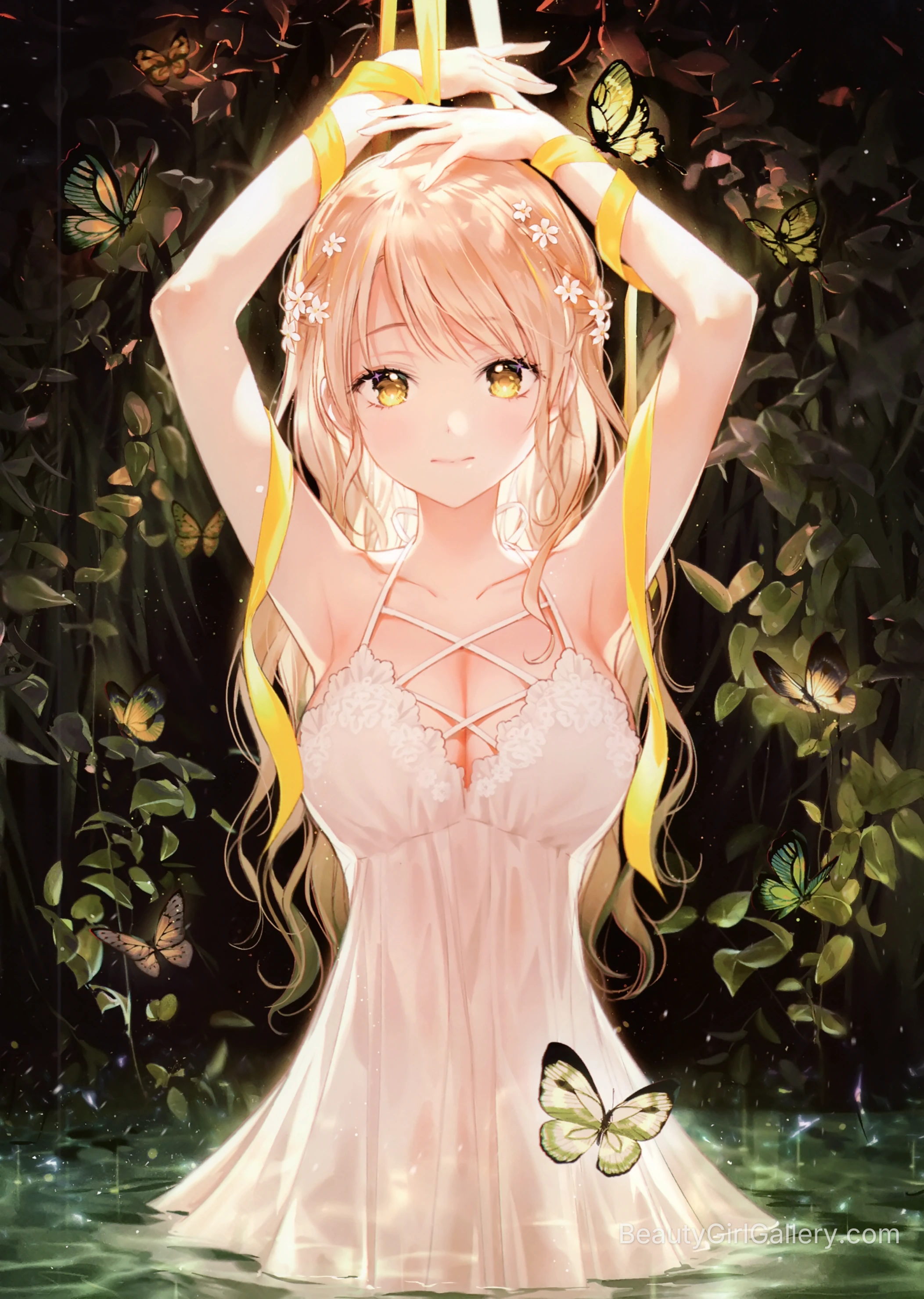 Anime Girl Portraits Elegant Aesthetic Collection - Anime Girl in Pink Dress with Butterflies Garden Portrait