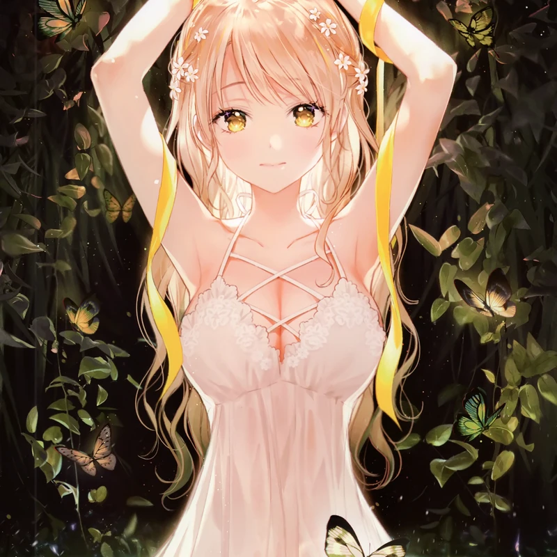 Anime Girl in Pink Dress with Butterflies Garden Portrait