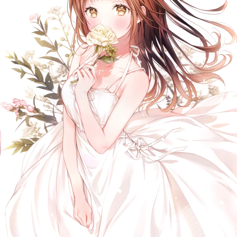 Anime Girl in White Dress Holding Rose Portrait