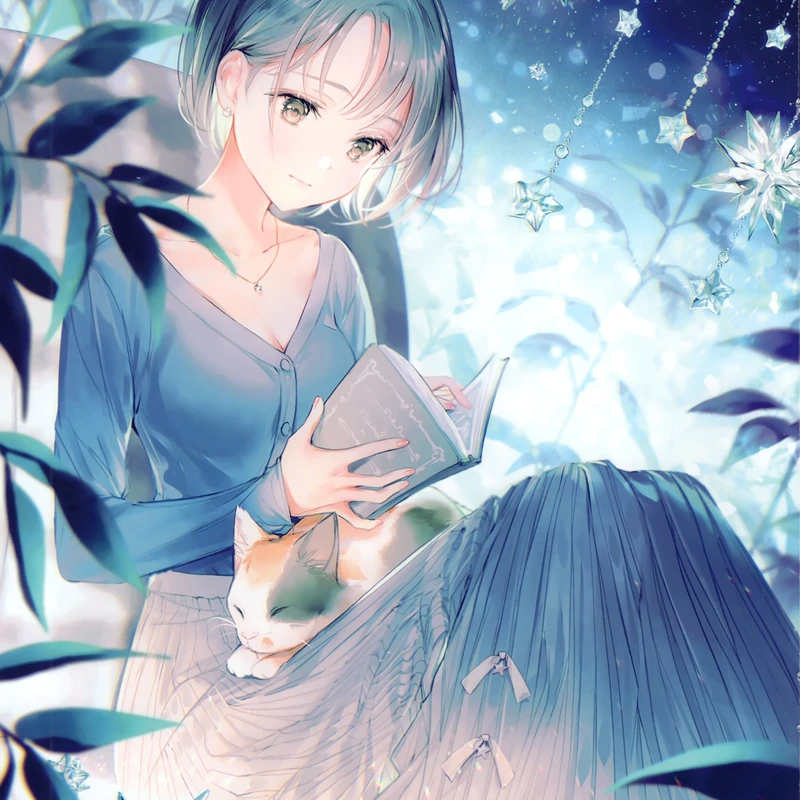 Anime Girl Reading Book with Cat Under Starlight Portrait