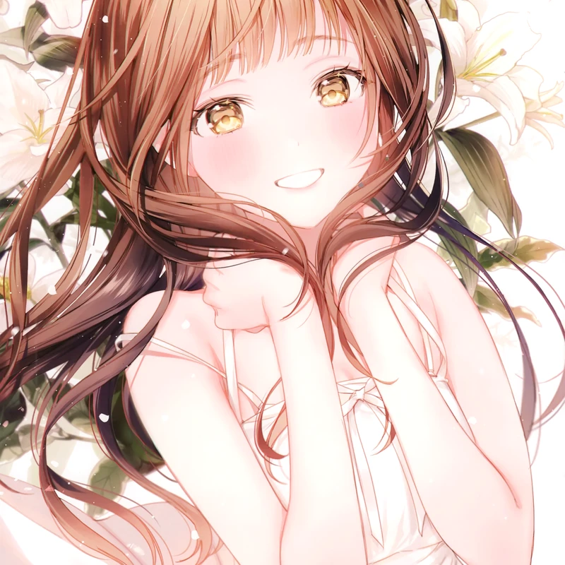 Anime Girl in White Dress with Flowers Portrait