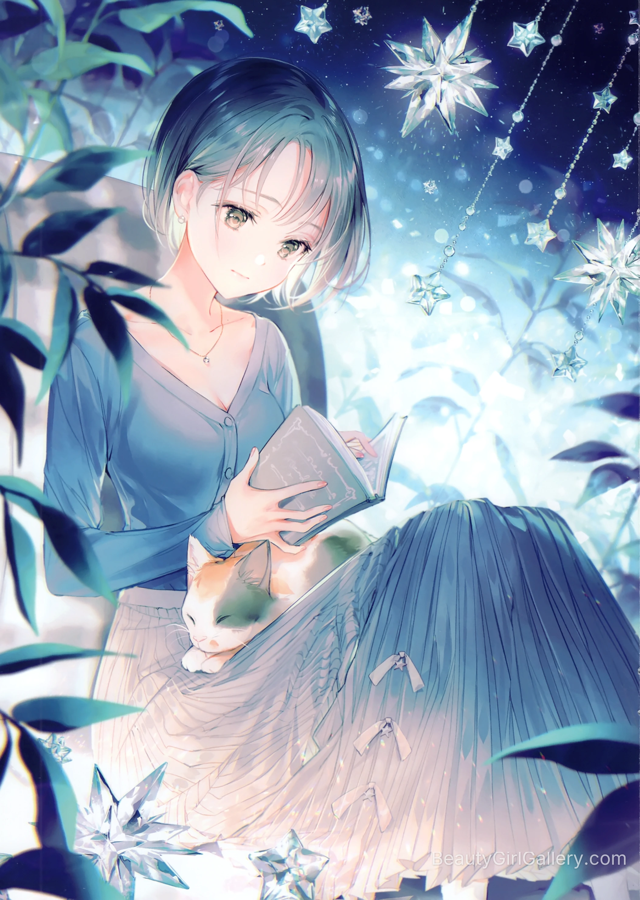 Anime Girl Reading Book with Cat Under Starlight Portrait
