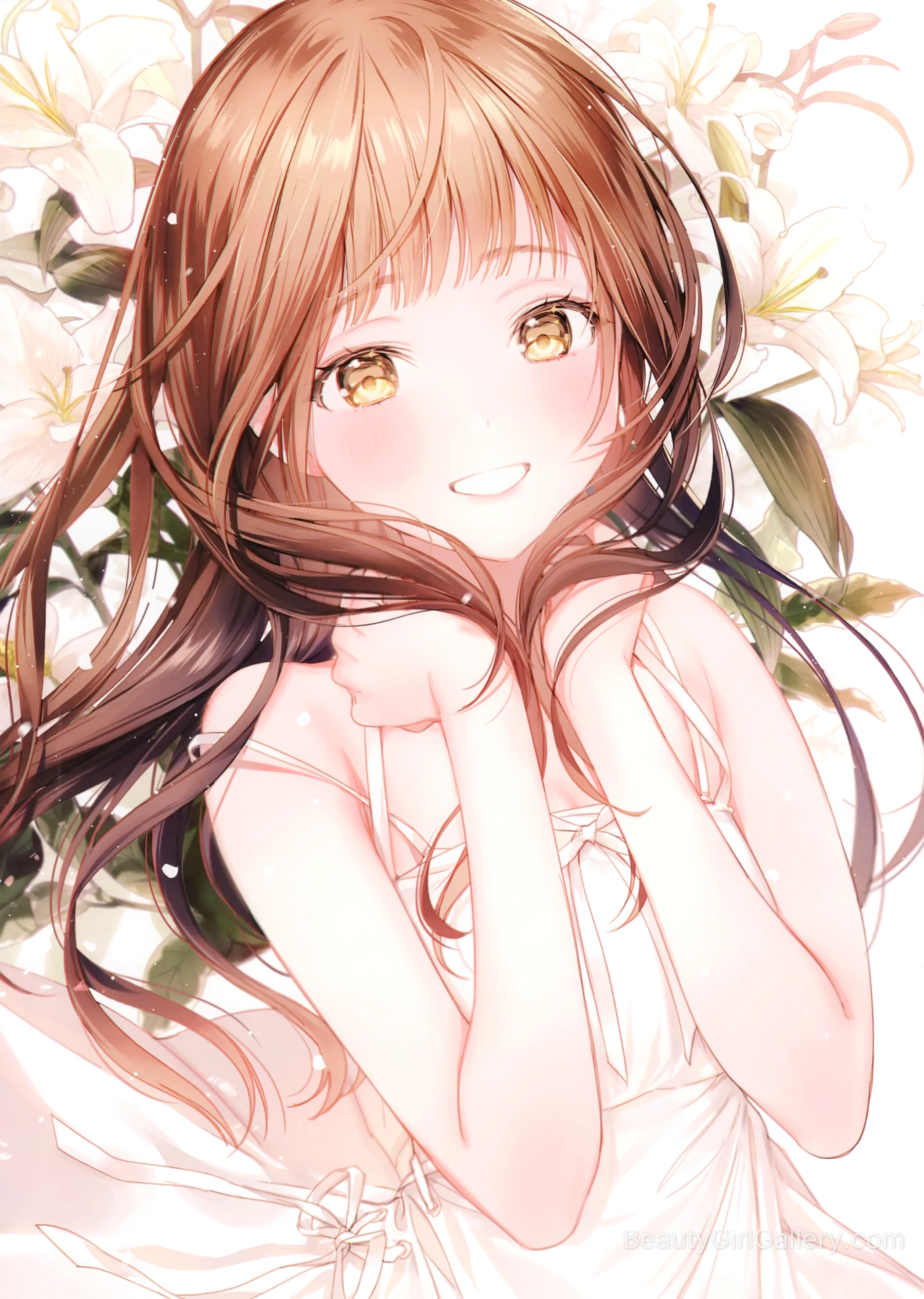 Anime Girl in White Dress with Flowers Portrait